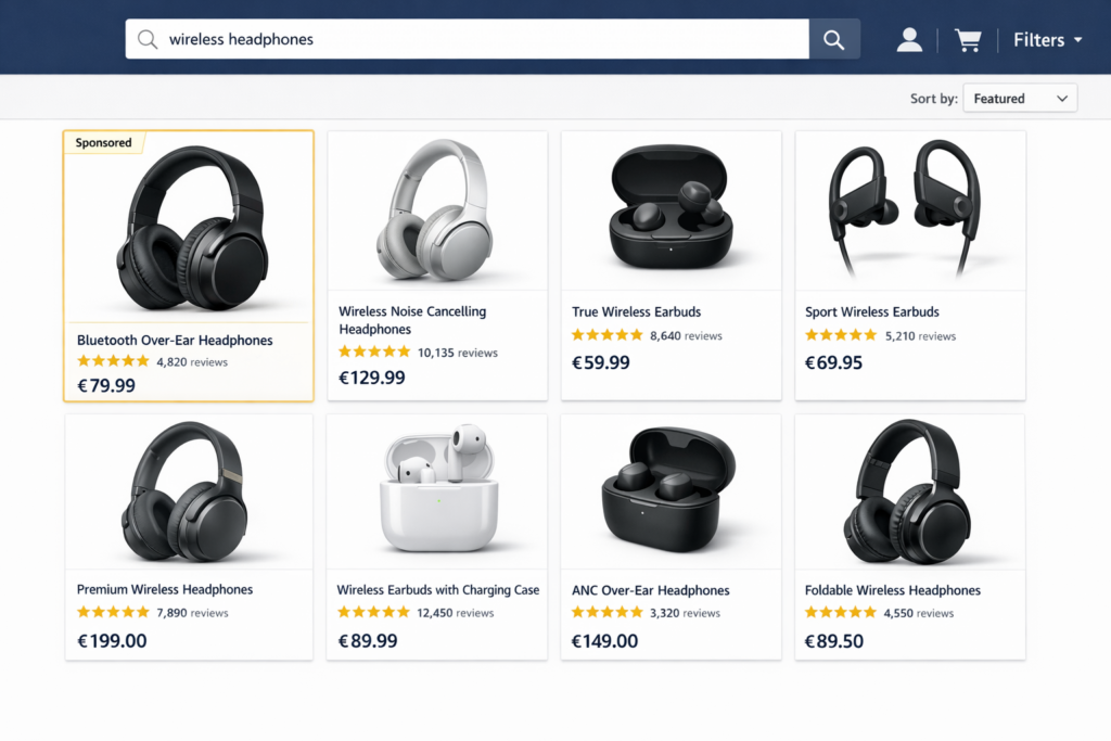 Pagina risultati di ricerca Amazon con prodotti sponsorizzati e ranking organico