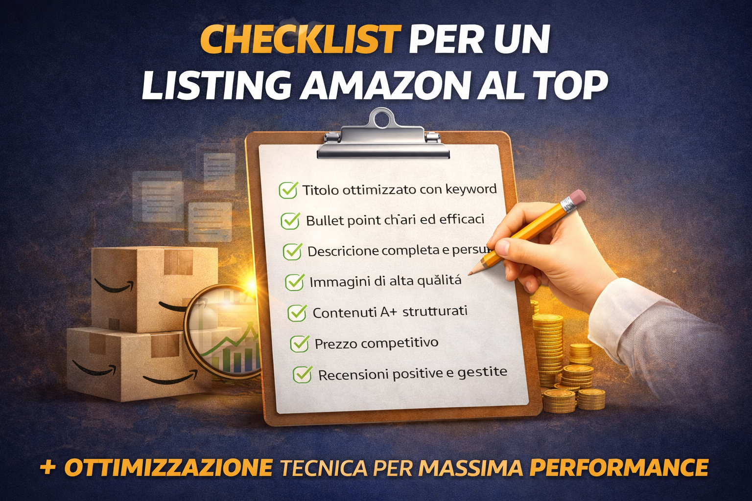 Checklist per ottimizzare un listing Amazon con titolo, immagini, contenuti A+ e strategie per aumentare vendite e conversioni
