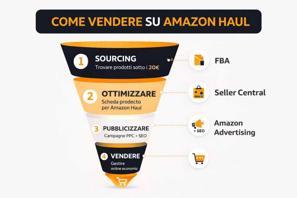 Strategia per vendere su Amazon Haul con funnel sourcing ottimizzazione listing Amazon SEO e PPC