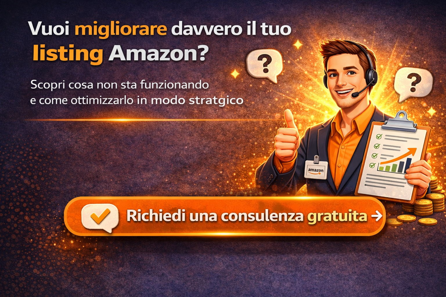 Consulenza Amazon per ottimizzazione listing con supporto strategico per aumentare visibilità, conversioni e vendite