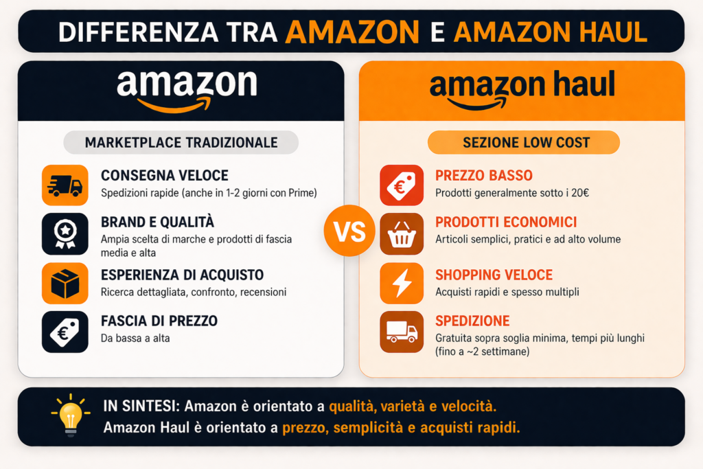 Amazon Haul vs Amazon tradizionale differenze tra prezzo basso, spedizione e tipologia di prodotti