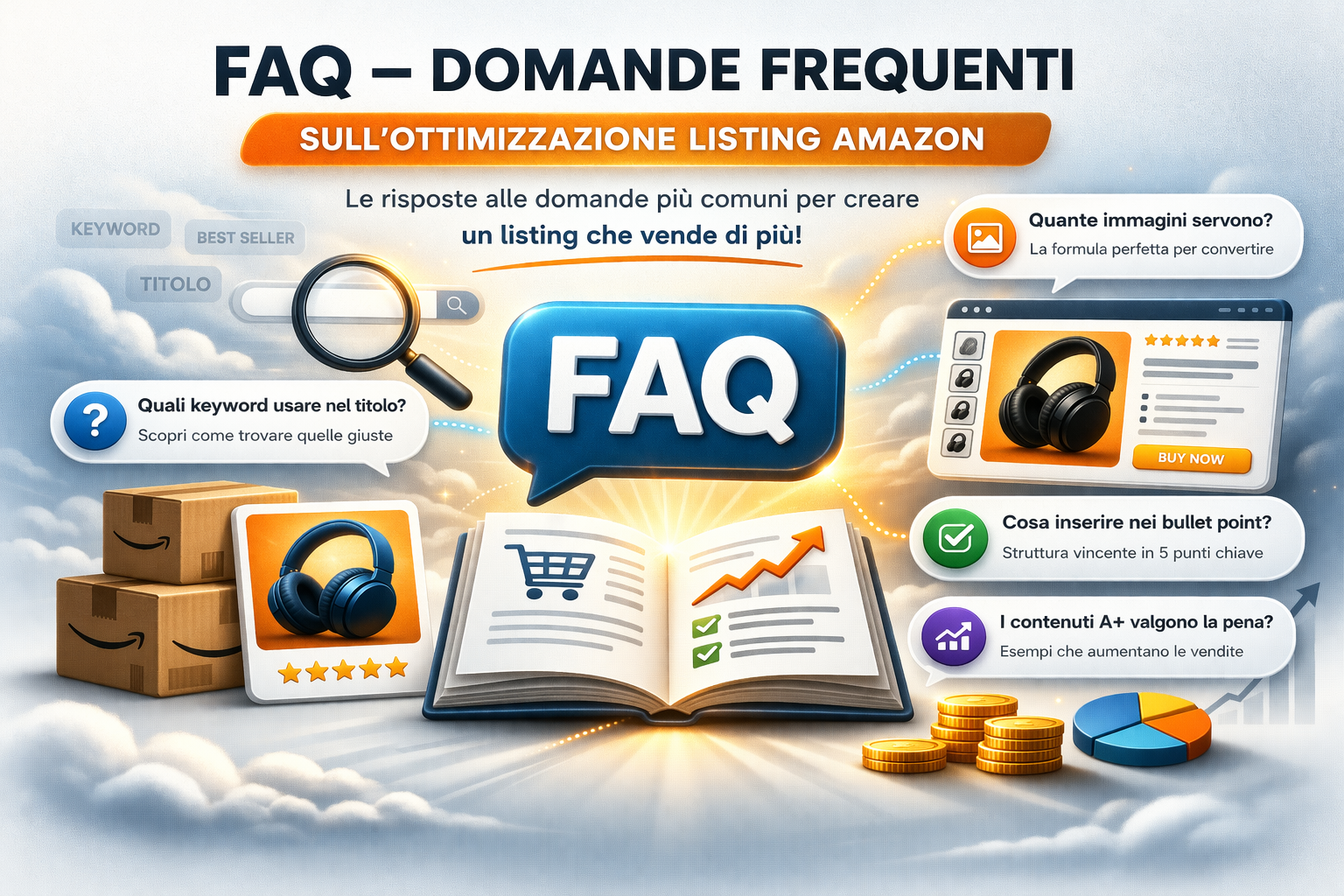 FAQ ottimizzazione listing Amazon con domande frequenti su keyword, immagini, conversioni e strategie per aumentare vendite