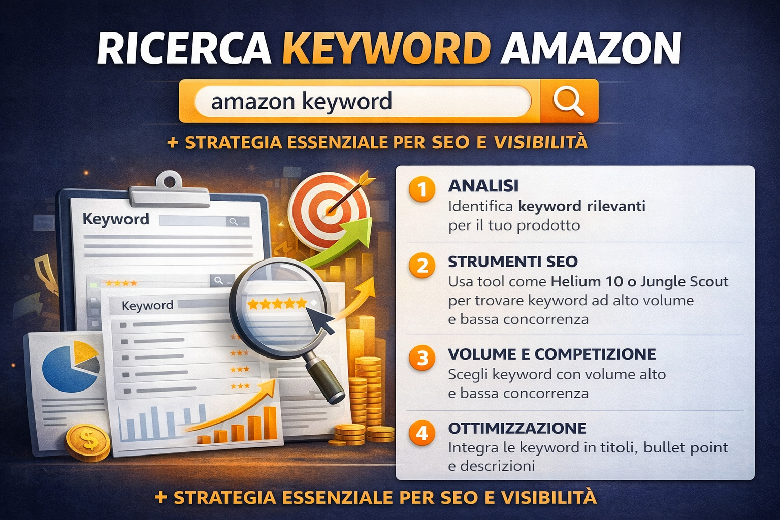 Ricerca keyword Amazon con analisi, strumenti SEO e strategia per aumentare visibilità e vendite su Amazon