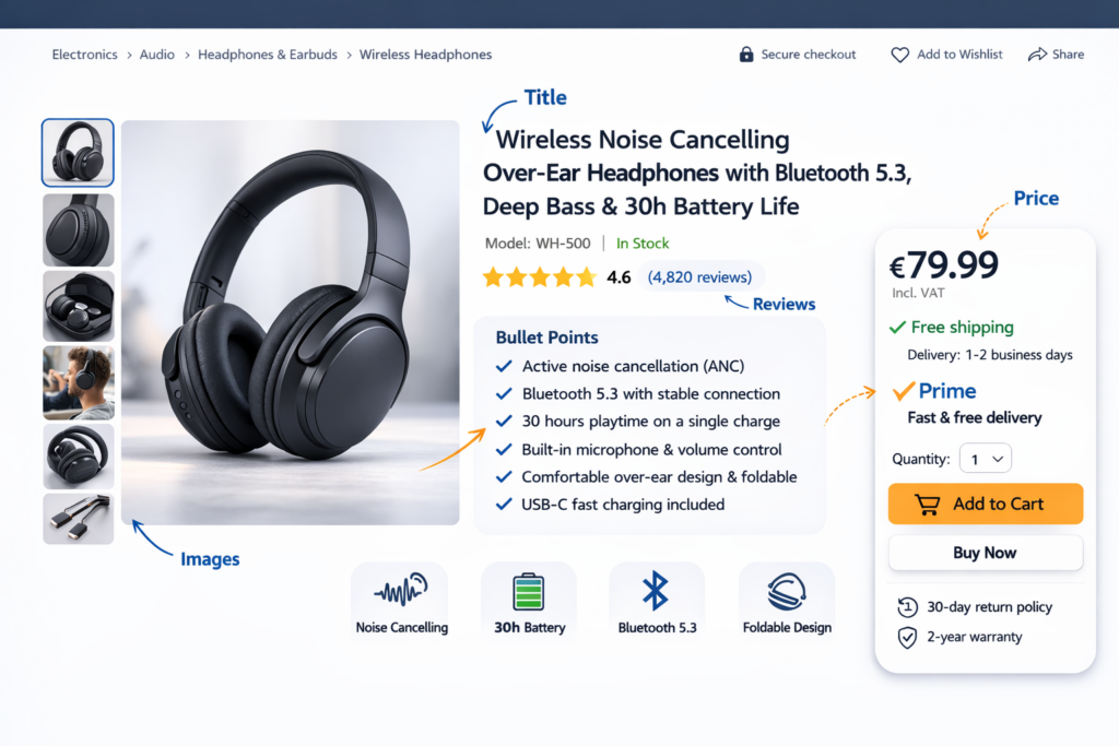 Struttura di un listing Amazon ottimizzato con titolo, bullet points, recensioni e prezzo
