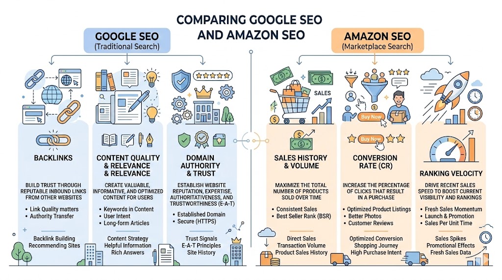 Confronto tra SEO Amazon e SEO Google con fattori di ranking principali