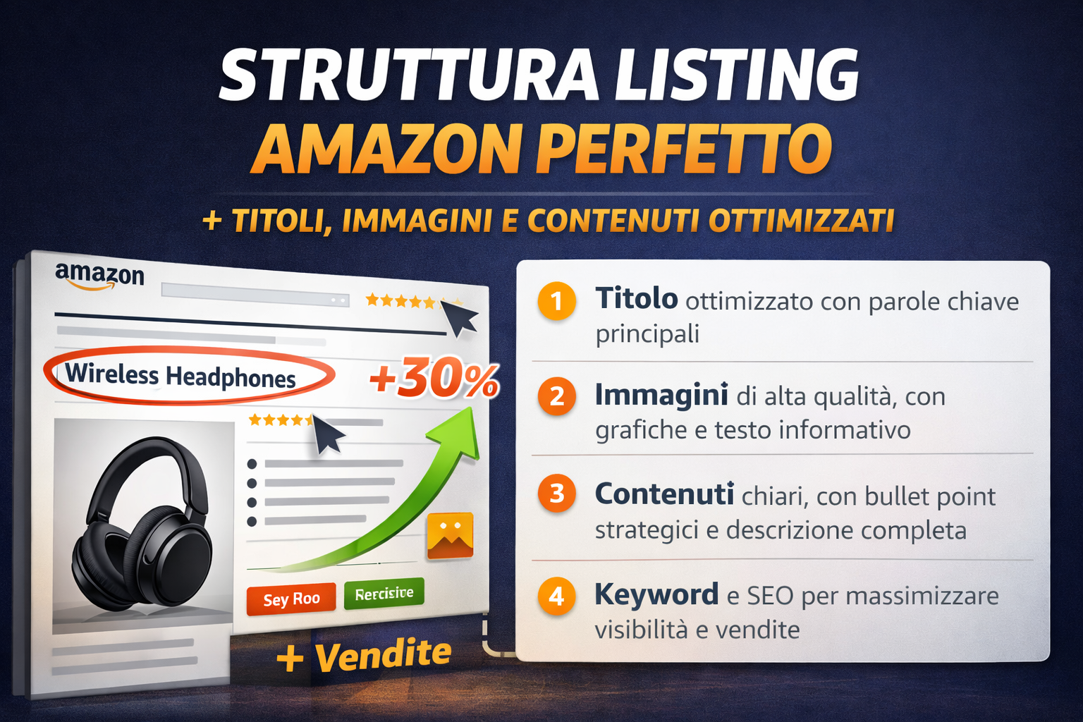 Struttura di un listing Amazon perfetto con titolo, immagini, contenuti ottimizzati e keyword per aumentare visibilità e vendite