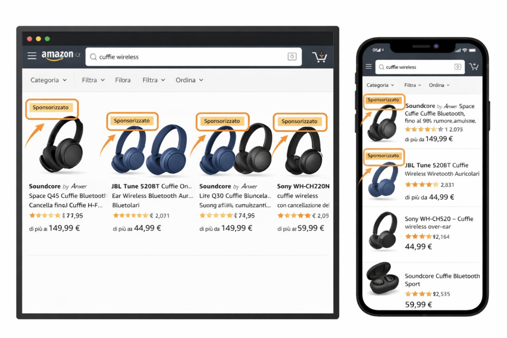 Esempio annunci Sponsored Products Amazon su desktop e mobile con posizionamento orizzontale e verticale