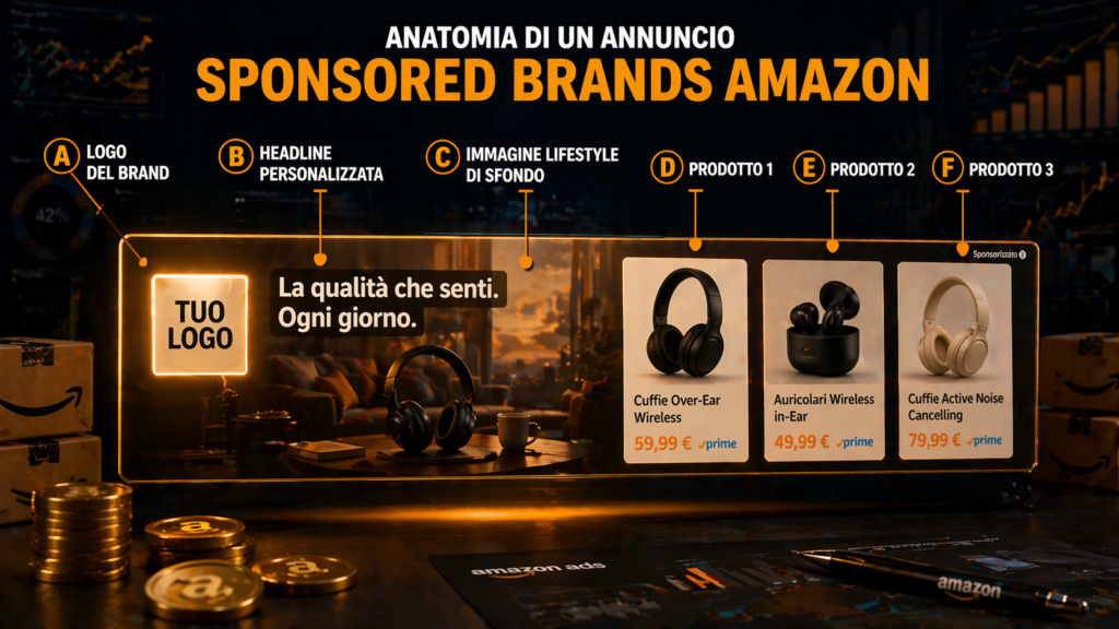 Struttura annuncio Sponsored Brands Amazon formato raccolta con logo brand headline personalizzata immagine lifestyle e tre prodotti
