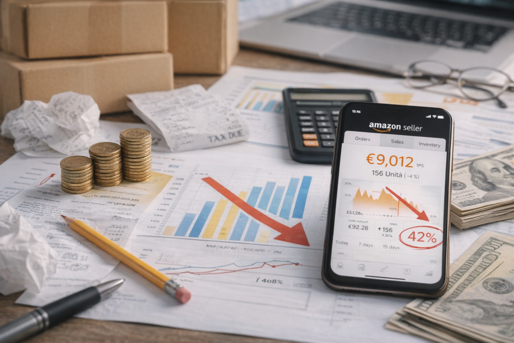 Grafico finanziario con smartphone e documenti che evidenzia la differenza tra fatturato e profitto su Amazon