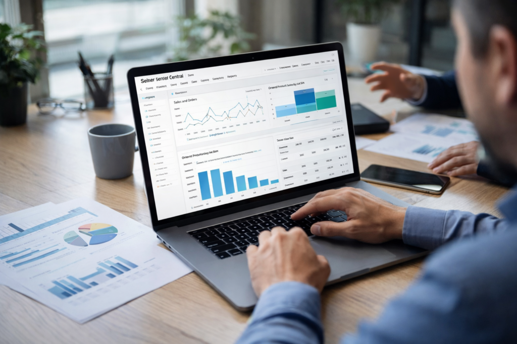 Analisi dati Amazon su laptop con grafici vendite e performance campagne PPC