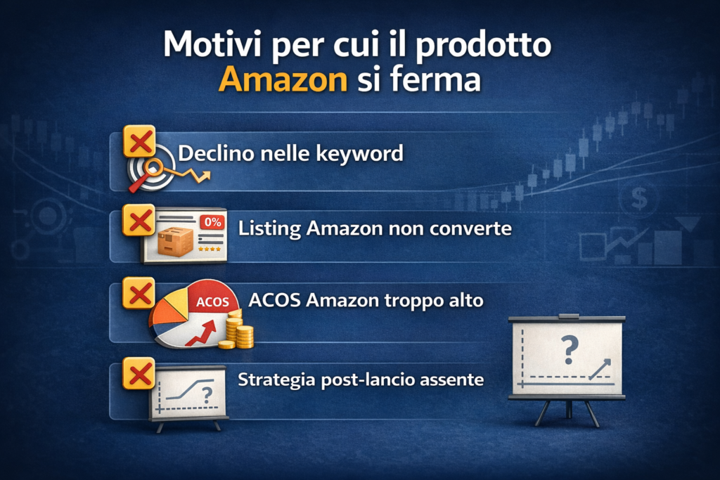 motivi prodotto amazon fermo dopo il lancio keyword amazon listing amazon non converte amazon acos alto strategia post lancio