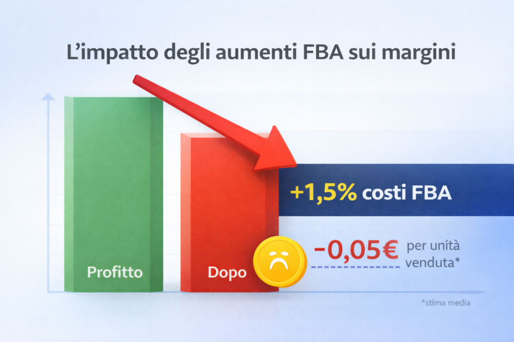 impatto aumento costi Amazon FBA 2026 sui margini esempio perdita per unità