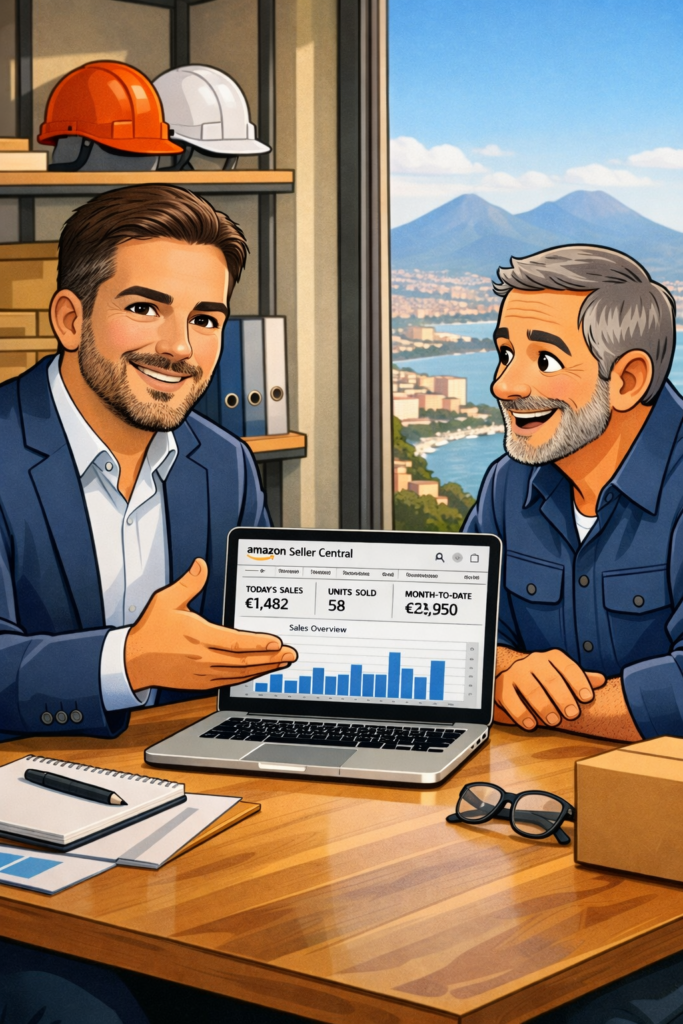 Antonio Lombardi consulente Amazon in Campania durante una consulenza in sede con un imprenditore a Napoli