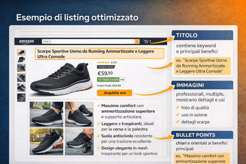 listing amazon ottimizzato scarpe uomo titolo immagini bullet points esempio