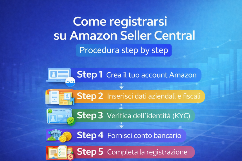 Procedura per registrarsi su Amazon Seller Central step by step con i 5 passaggi principali