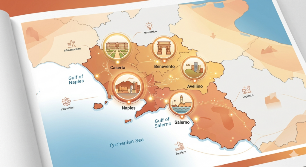 Mappa della Campania con le province di Napoli, Salerno, Caserta, Avellino e Benevento dove opera il consulente Amazon Antonio Lombardi