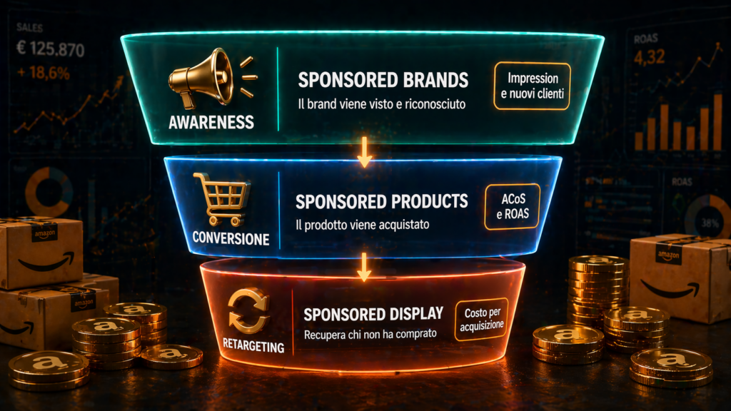 Funnel strategia Amazon Ads con Sponsored Brands per awareness Sponsored Products per conversione e Sponsored Display per retargeting