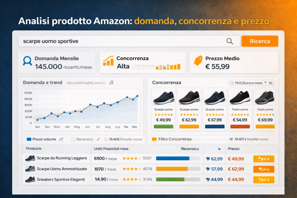 analisi prodotto amazon scarpe uomo sportive domanda concorrenza prezzo