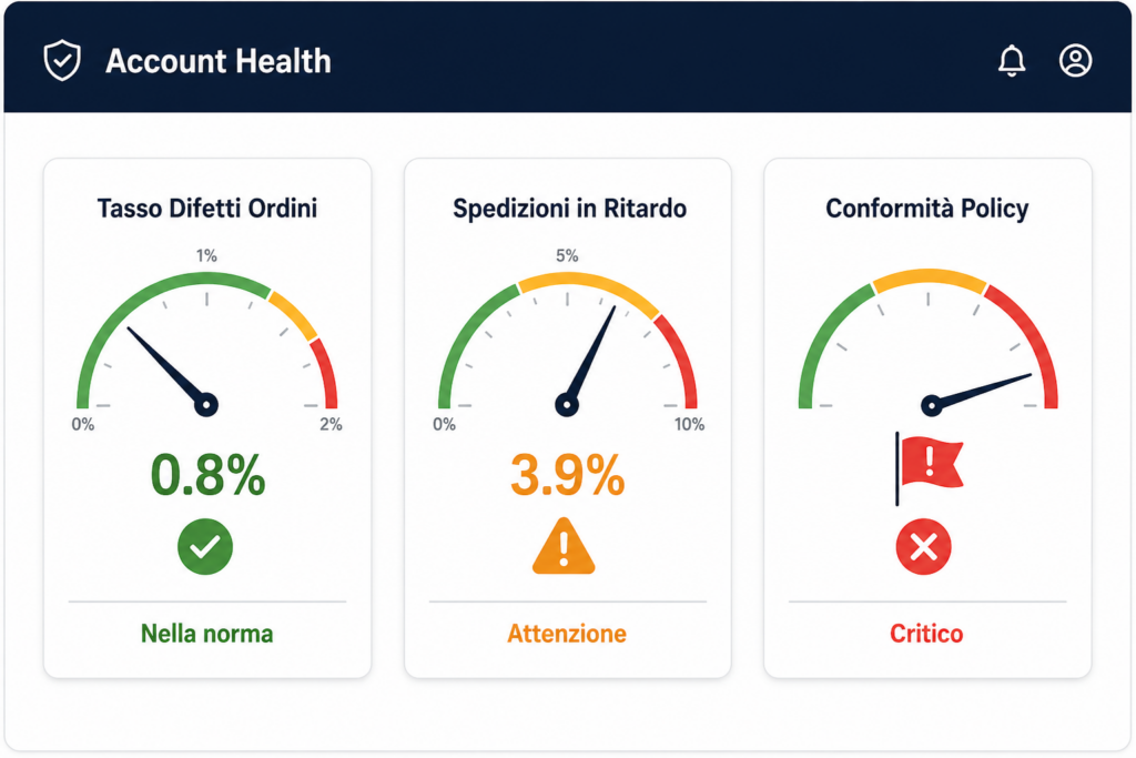 Dashboard Account Health Amazon con metriche tasso difetti ordini, spedizioni in ritardo e conformità policy