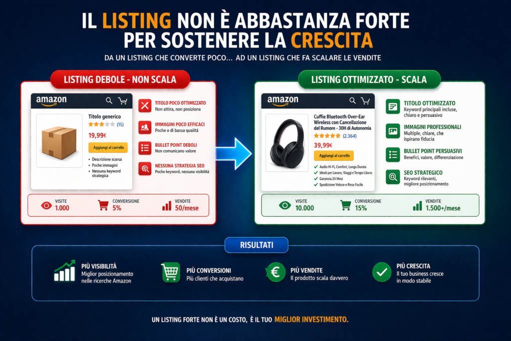 differenza listing amazon debole e listing amazon ottimizzato conversione vendite amazon crescita prodotto amazon