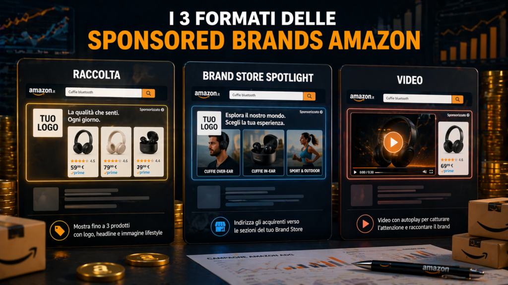 I tre formati degli annunci Sponsored Brands Amazon raccolta Brand Store Spotlight e video a confronto