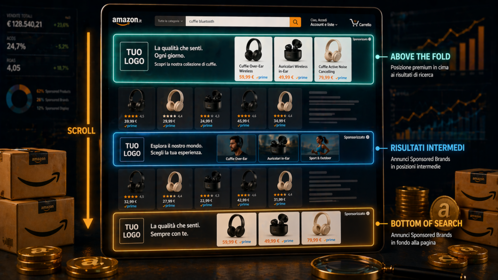 Posizionamenti annunci Sponsored Brands Amazon nella SERP above the fold risultati intermedi e bottom of search