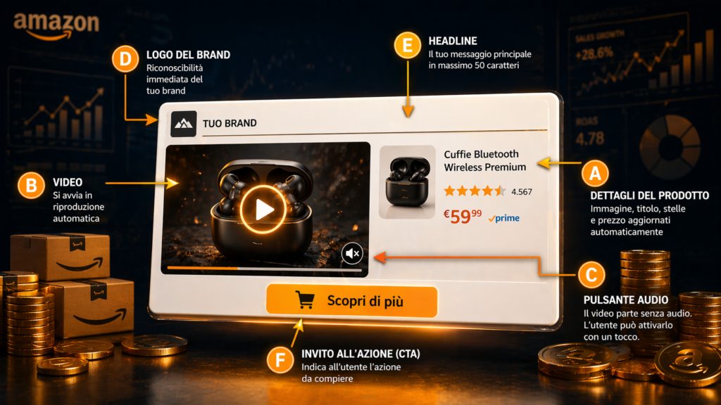Anatomia annuncio Sponsored Brands Video Amazon con i sei elementi logo brand headline CTA dettagli prodotto video e pulsante audio