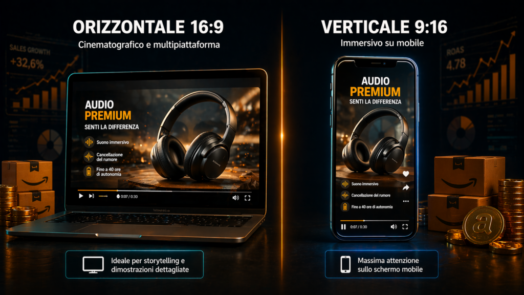 Confronto formato video Sponsored Brands Amazon orizzontale 16:9 cinematografico e verticale 9:16 ottimizzato per mobile