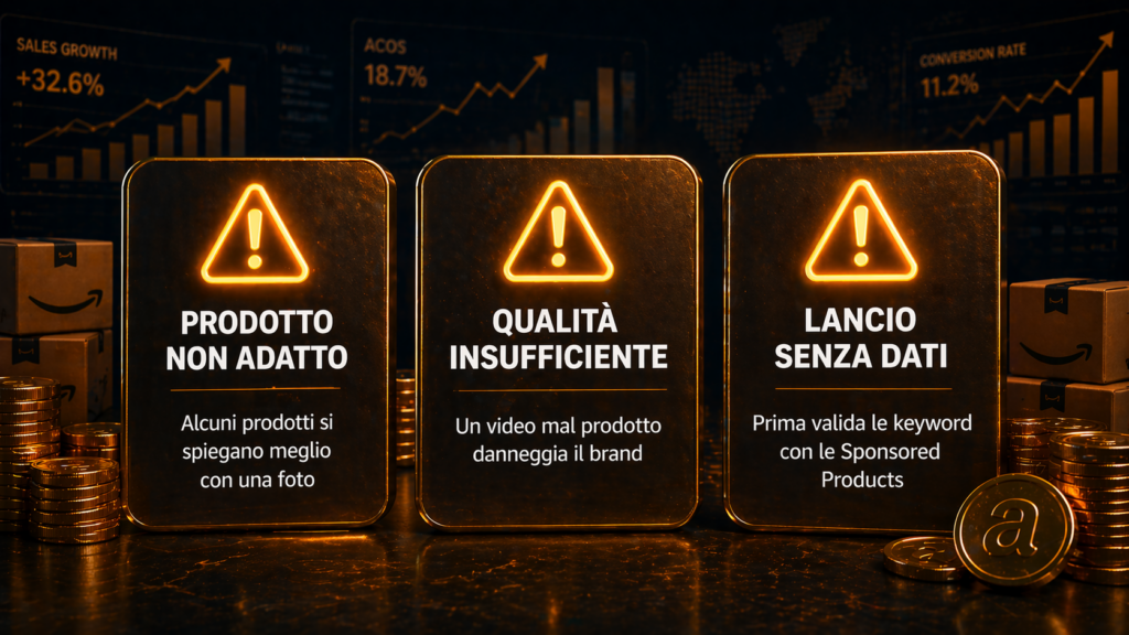 Tre casi in cui non conviene usare le Sponsored Brands Video Amazon prodotto non adatto alla narrazione video qualità insufficiente e fase di lancio senza dati