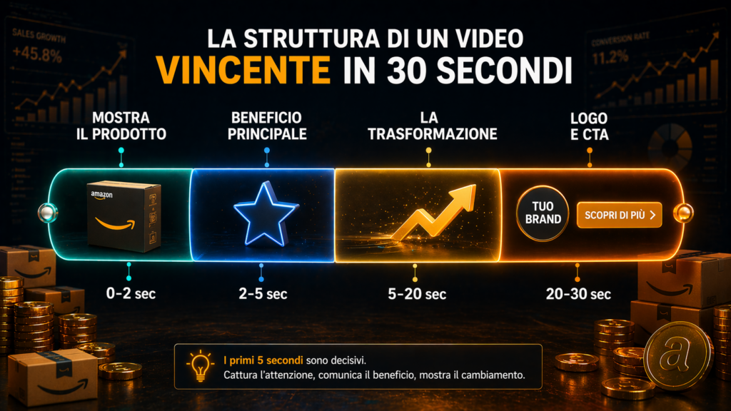 Struttura narrativa video Sponsored Brands Amazon timeline con prodotto nei primi 2 secondi beneficio nei primi 5 secondi trasformazione fino a 20 secondi e logo CTA negli ultimi 5 secondi