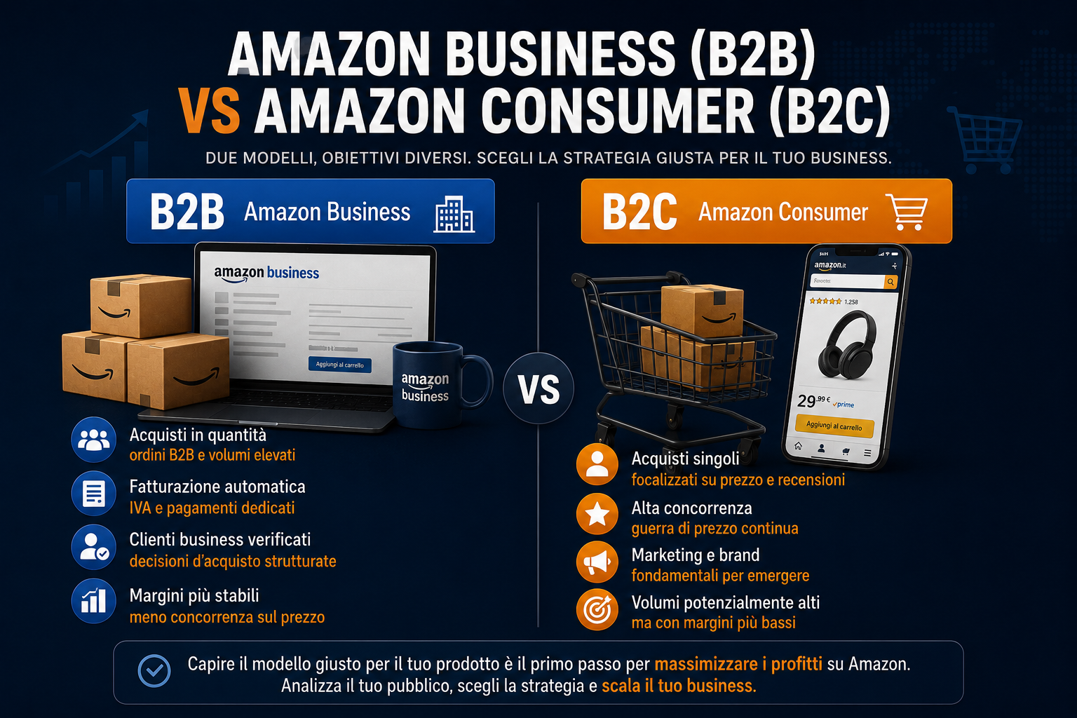 Confronto tra Amazon Business B2B e Amazon Consumer B2C con differenze su acquisti, margini, clienti e strategie di vendita su Amazon