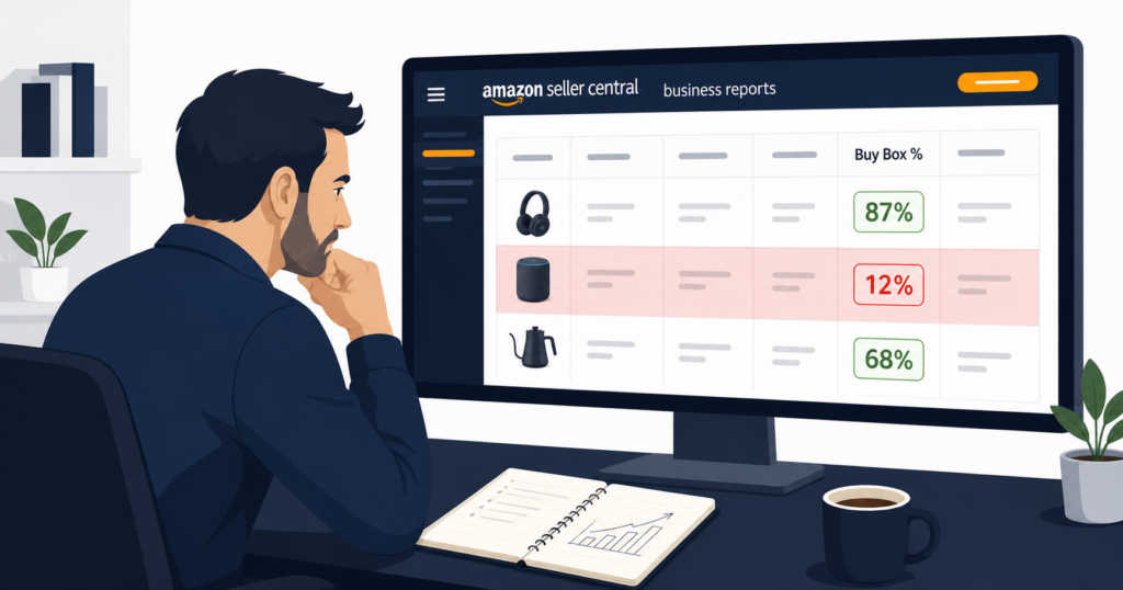 Infografica con i 6 fattori che determinano chi vince la Buy Box Amazon nel 2026, ordinati per peso algoritmico: velocità di consegna EDD (nuovo fattore dominante), metodo fulfillment FBA/FBM, prezzo competitivo, performance metriche ODR, disponibilità stock, storico account.