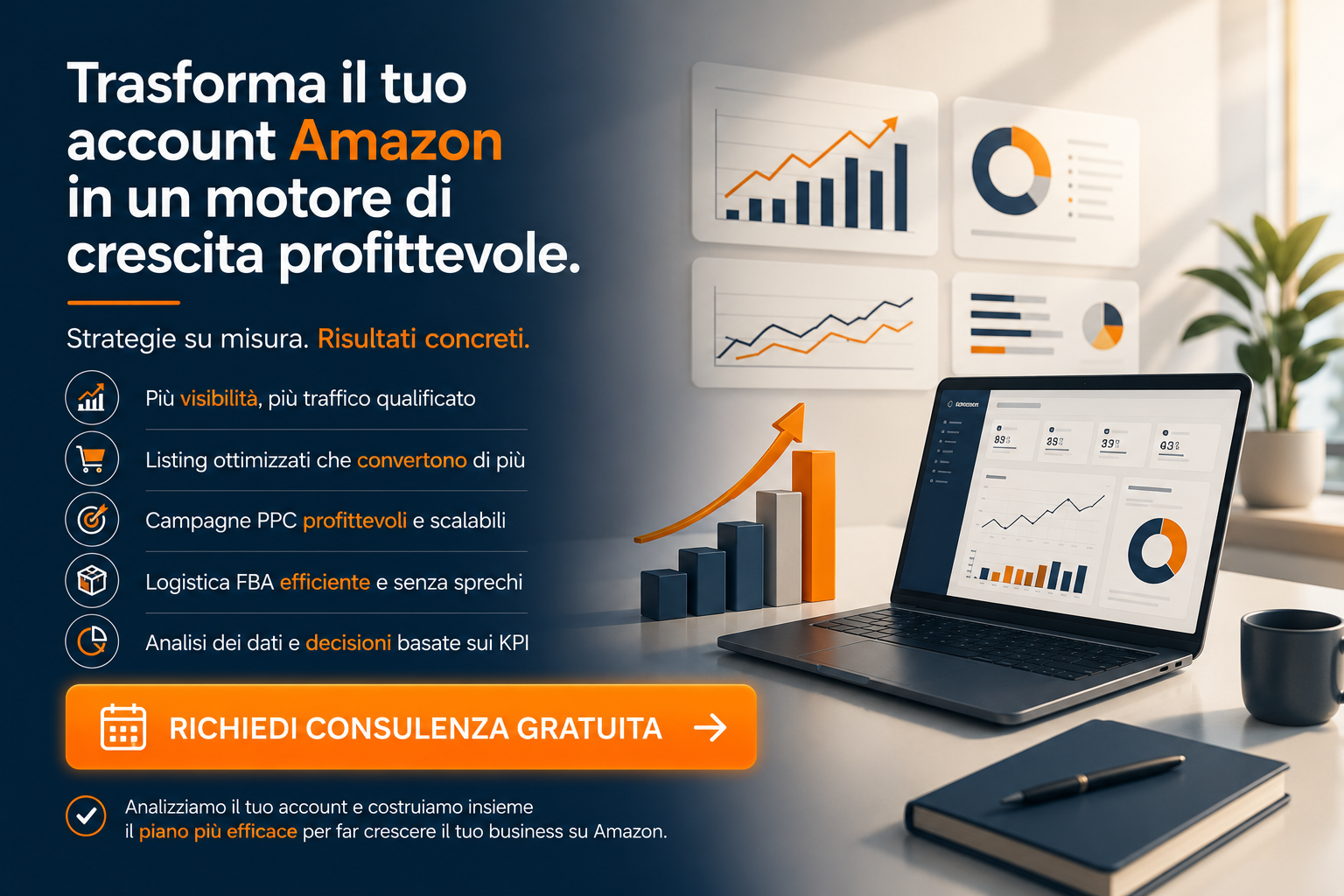 Illustrazione astratta di dashboard Amazon con grafici contrastanti, schermate luminose e flussi di dati caotici su sfondo blu scuro.