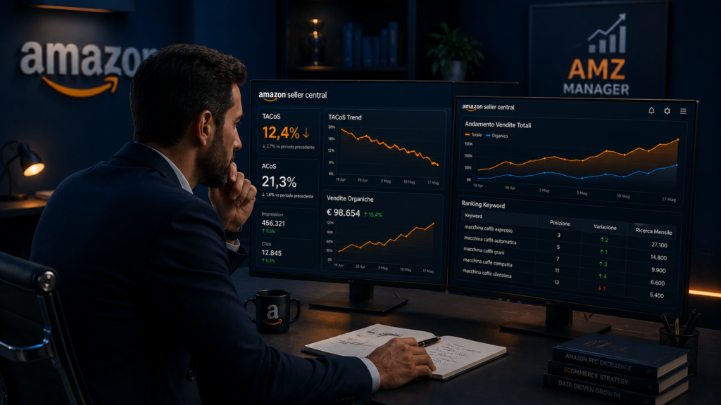 Consulente Amazon analizza dati account con dashboard metriche TACoS ACoS e vendite organiche