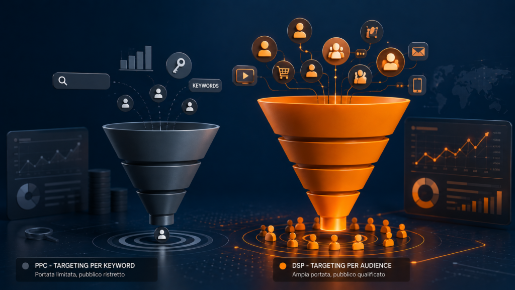 Confronto visivo tra il funnel PPC a keyword e il funnel audience-based di Amazon DSP