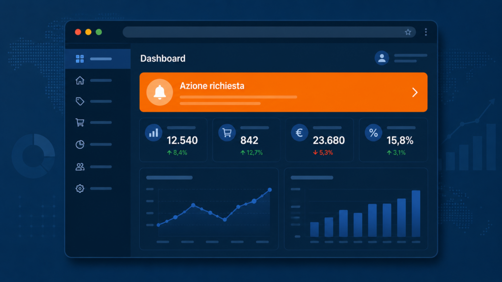 Mockup stilizzato notifica azione richiesta EPR su dashboard Amazon Seller Central 2026