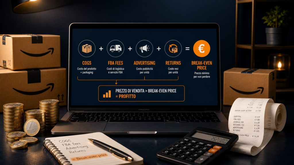 formula break even amazon costi fba commissioni advertising resi calcolo prezzo minimo