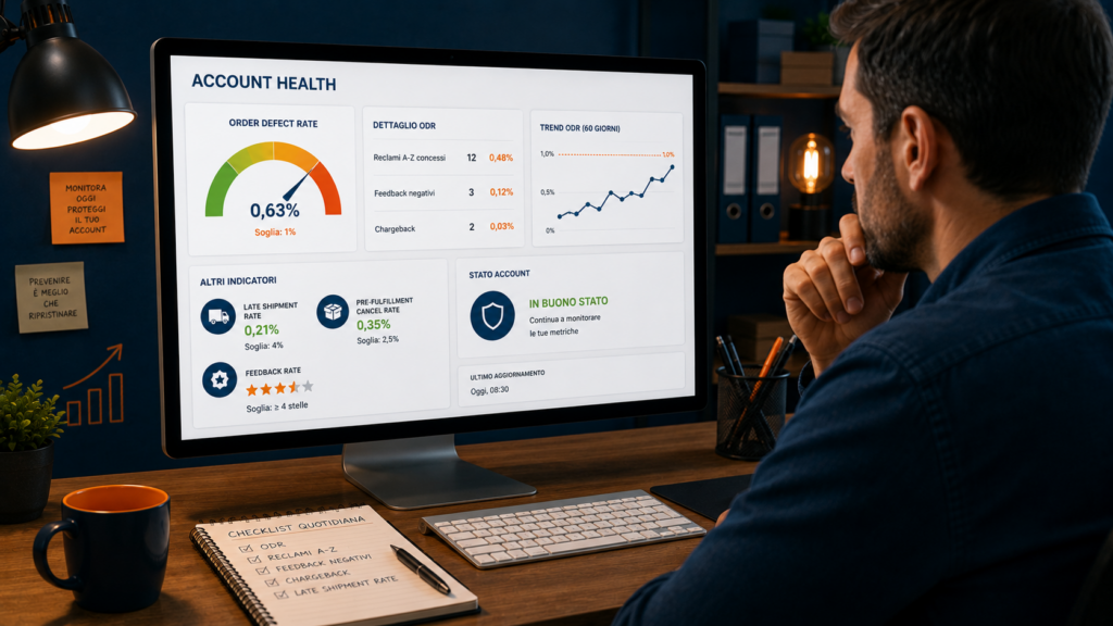 venditore amazon monitora account health seller central metriche odr e contestazioni a-z
