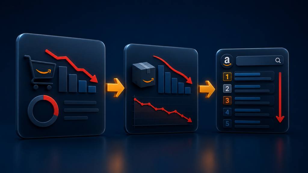 Schema impatto recensioni negative Amazon su conversion rate velocity e ranking organico sequenza causale
