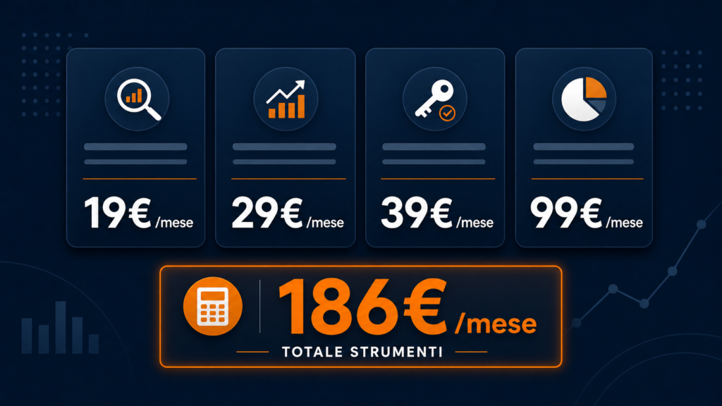 Quattro abbonamenti tool Amazon da 19€ 29€ 39€ e 99€ che sommati superano i 180€ al mese — costo reale degli strumenti per venditori Amazon