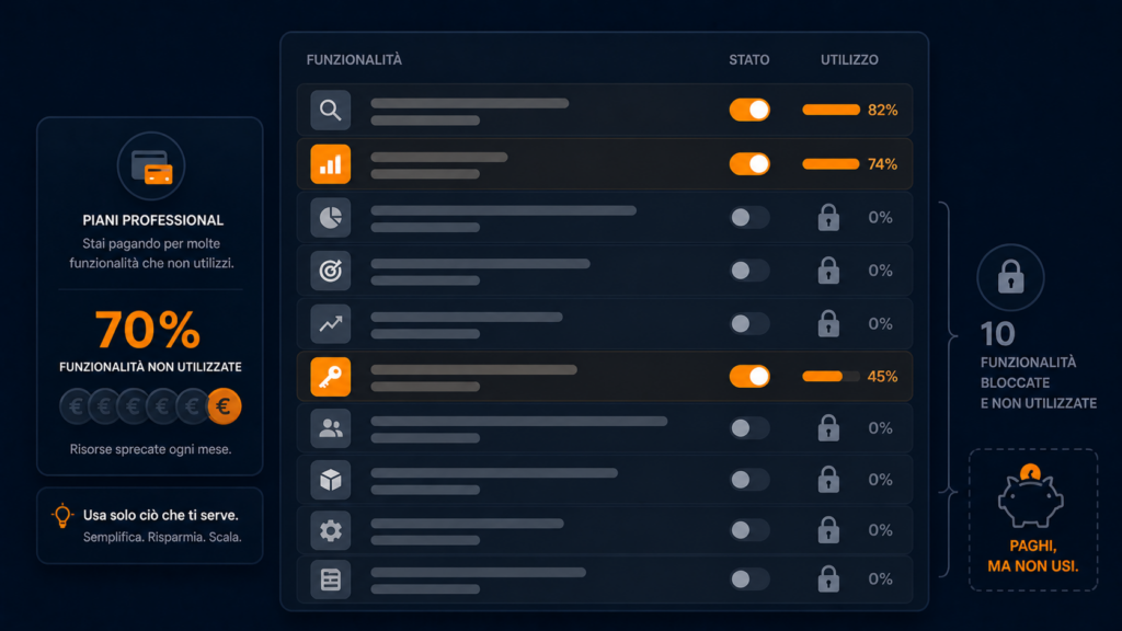  Pannello software con funzionalità bloccate e inutilizzate evidenziate da lucchetti — perché Helium 10 full plan e i tool PPC automatici non servono a tutti i venditori Amazon