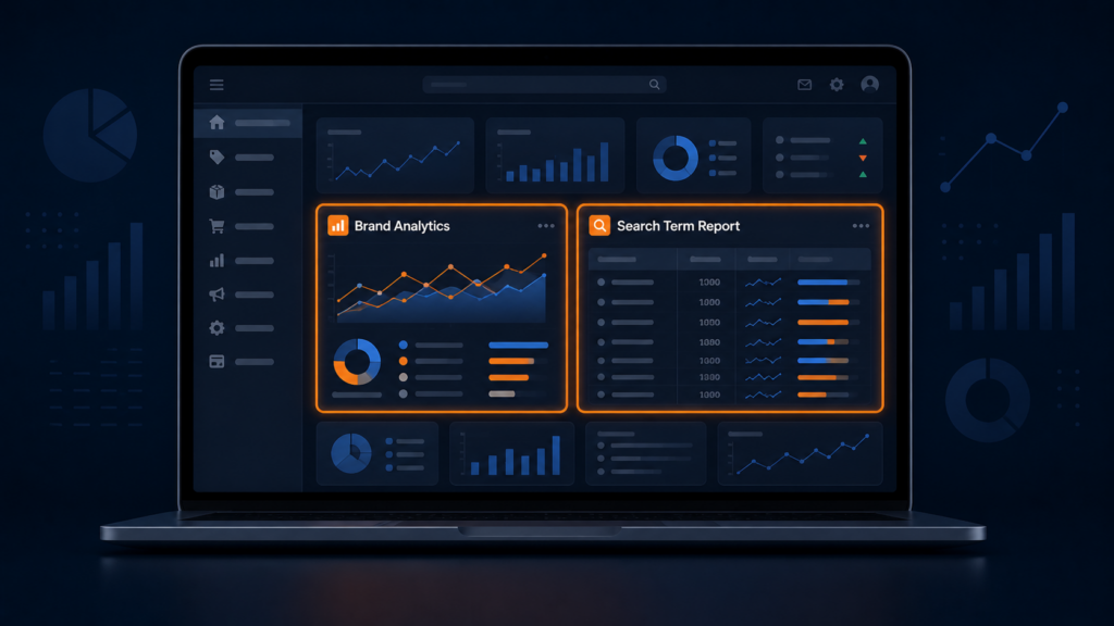 Schermata Amazon Seller Central con Brand Analytics e Search Term Report evidenziati — strumenti gratuiti per venditori Amazon già disponibili senza abbonamenti