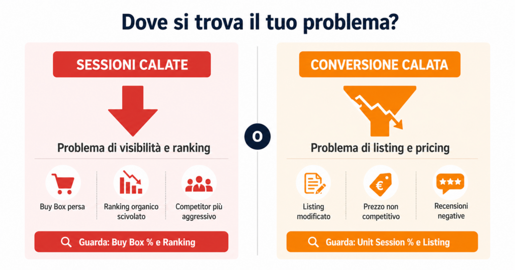 calo vendite amazon - schema diagnostico sessioni calate vs conversione calata cause diverse soluzioni diverse