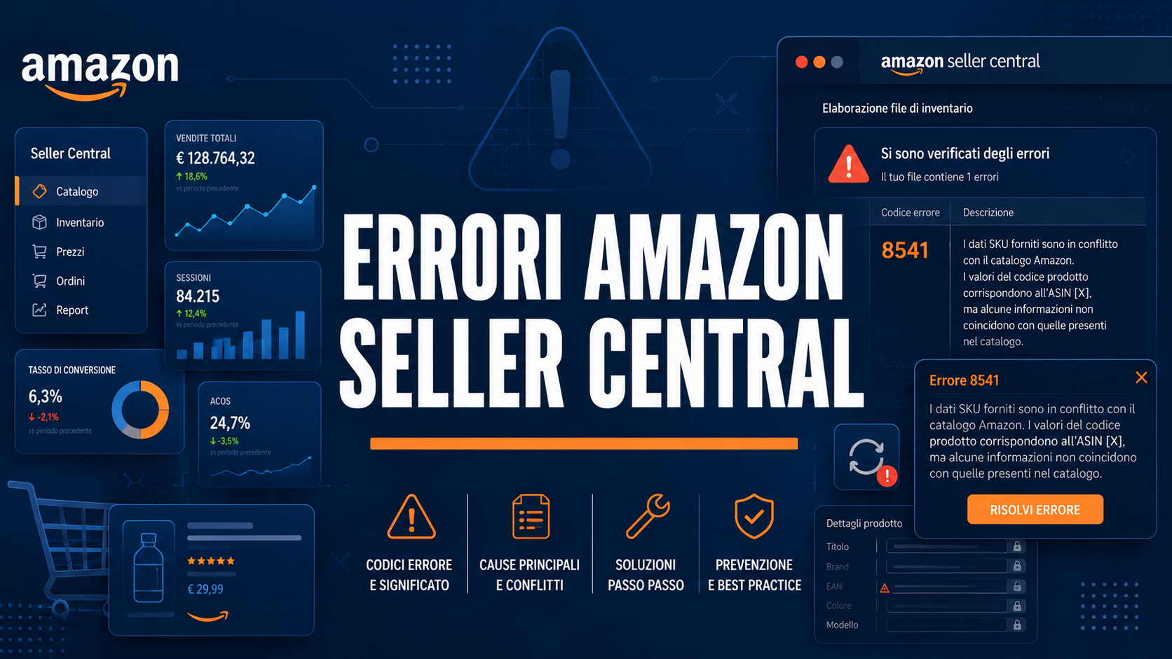 Schermata stilizzata Seller Central con codici errore Amazon listing