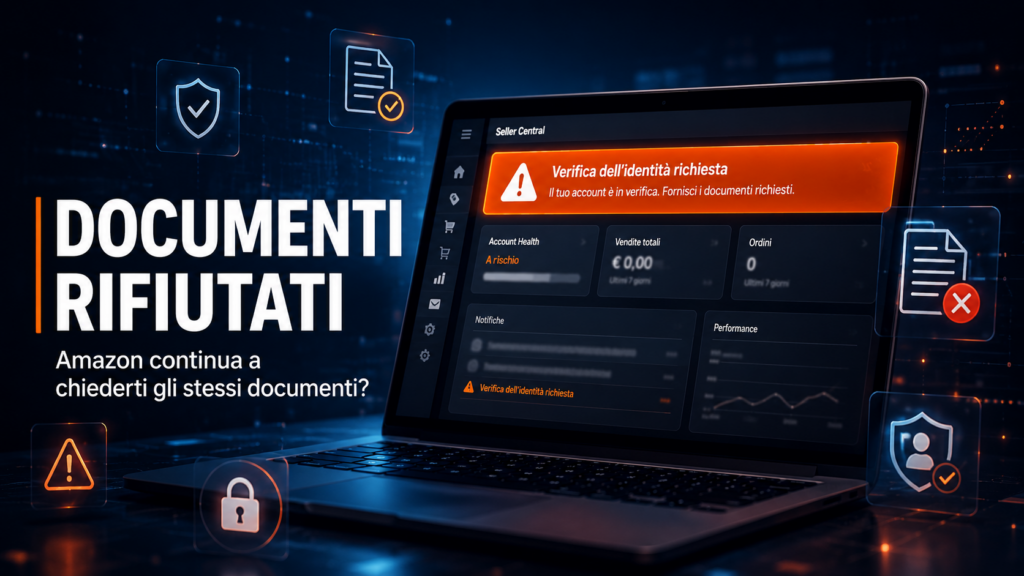 Mockup schermata Seller Central con alert di richiesta documenti verifica identità Amazon bloccata