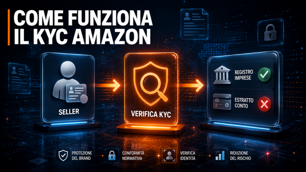 Infografica processo KYC Amazon con verifica incrociata tra dati seller e fonti esterne registro imprese