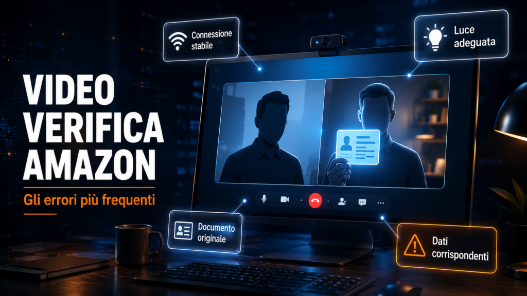 Illustrazione video verifica Amazon con seller che mostra documento originale e requisiti tecnici connessione e luce